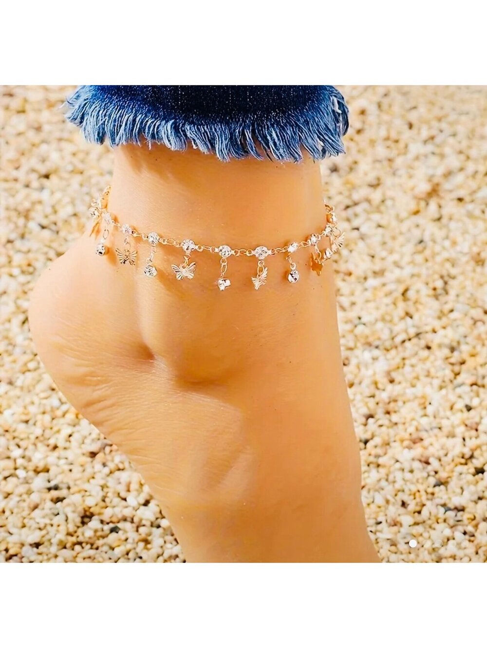 New - Chic - Gold Mini Butterfly Tassel Charm Anklet with Inlaid Rhinestones